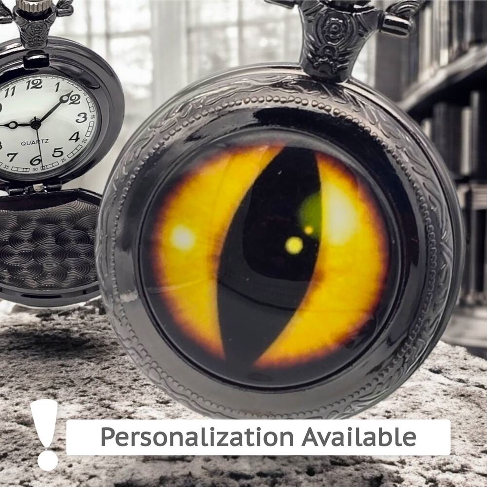 Cat Eye Dragon Pocket Watch – Mystical Beast Design, Black Finish, Unique Gift